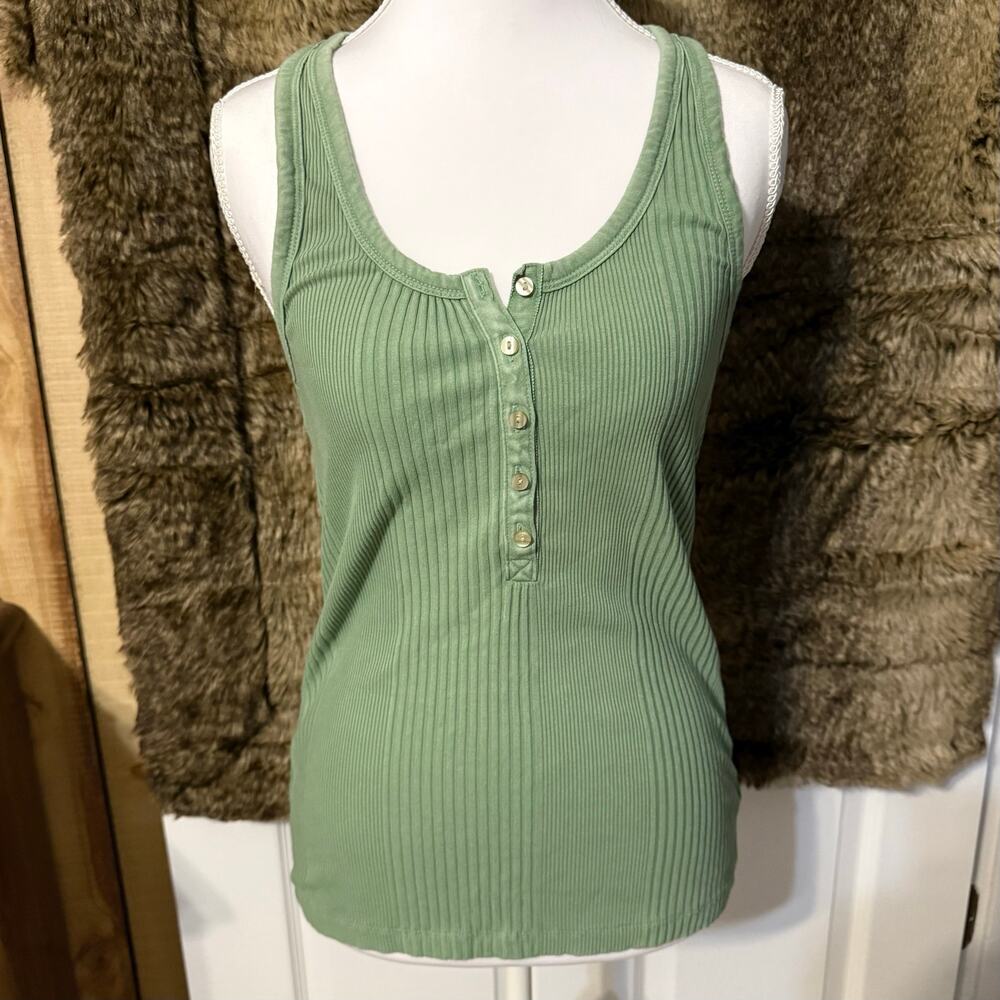 Aerie Sage Ribbed Henley Tank Medium